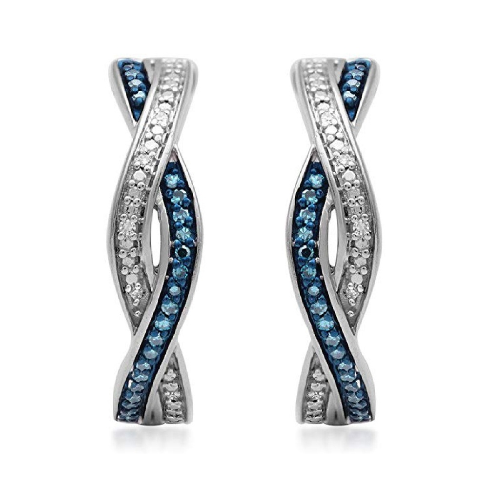 Sterling Silver Blue Diamond Hoop Earrings
